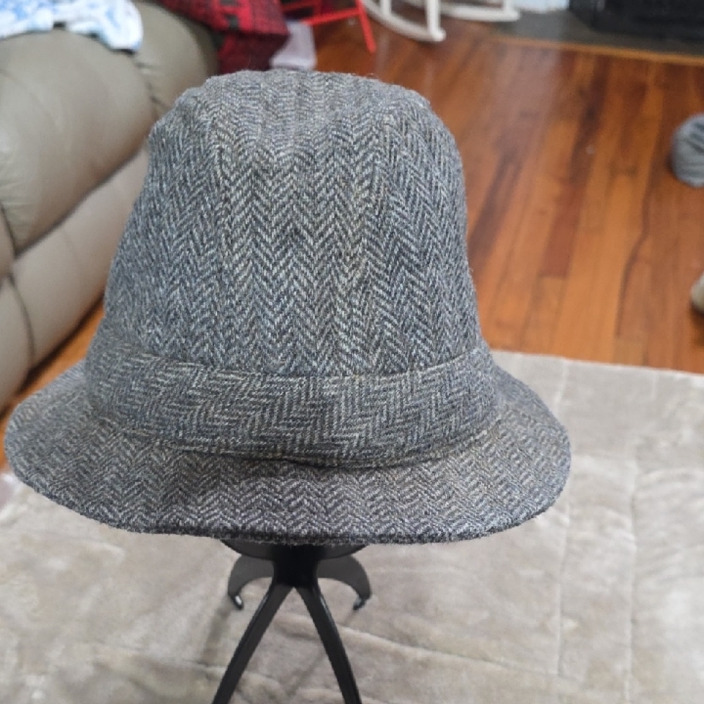 Vintage Mens/Unisex Wool Blend Hat Fedora Style Gray‎ Herringbone Pattern GUC